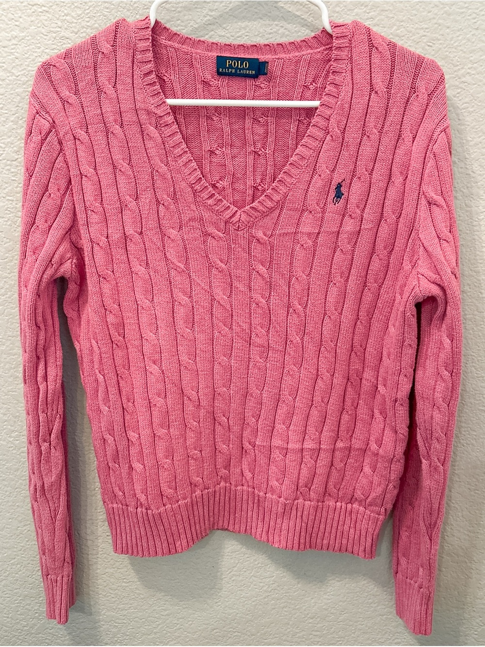 Polo Ralph Lauren Pink Cable Knit V-Neck Embroidered Logo Preppy Sweater Large